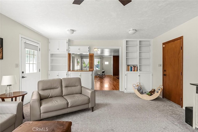 886 Lynn Ln, Chico, CA 95926 - carpeted living area with ceiling fan, built in shelves, and a textured ceiling