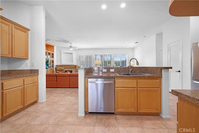 44397 Mesquite Dr, Indian Wells, CA 92210 - kitchen featuring stainless steel appliances, ceiling fan, open floor plan, recessed lighting, and light tile patterned floors