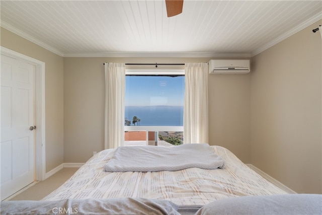 3666 Greve Dr, Rancho Palos Verdes, CA 90275 - carpeted bedroom featuring a wall unit AC, ornamental molding, and a ceiling fan