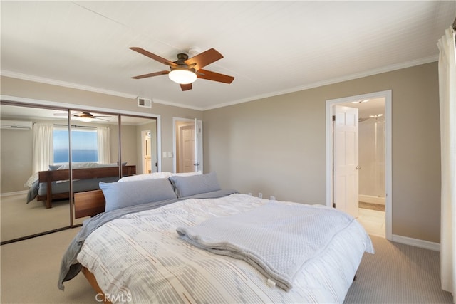 3666 Greve Dr, Rancho Palos Verdes, CA 90275 - bedroom with carpet, a wall unit AC, a closet, ornamental molding, and a ceiling fan