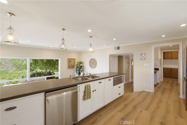 3666 Greve Dr, Rancho Palos Verdes, CA 90275 - kitchen featuring stainless steel dishwasher, a warming drawer, dark countertops, white cabinetry, and recessed lighting