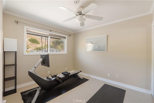 3666 Greve Dr, Rancho Palos Verdes, CA 90275 - exercise area with carpet floors, ornamental molding, and ceiling fan