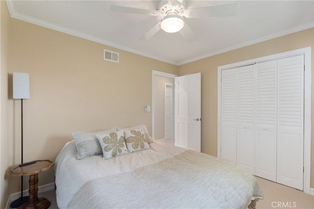 3666 Greve Dr, Rancho Palos Verdes, CA 90275 - bedroom with crown molding, light colored carpet, a closet, and ceiling fan