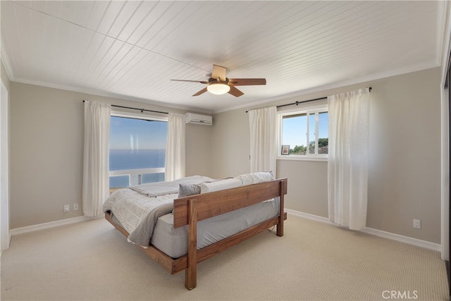 3666 Greve Dr, Rancho Palos Verdes, CA 90275 - bedroom with ornamental molding, light carpet, an AC wall unit, and ceiling fan