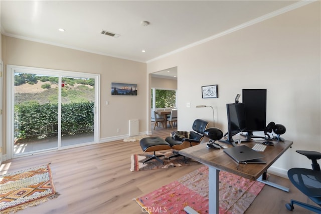 3666 Greve Dr, Rancho Palos Verdes, CA 90275 - home office featuring ornamental molding, light wood-style flooring, and recessed lighting