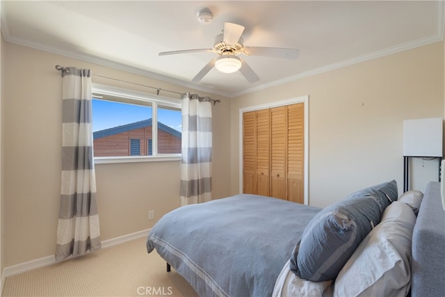 3666 Greve Dr, Rancho Palos Verdes, CA 90275 - bedroom featuring carpet floors, ornamental molding, a closet, and ceiling fan