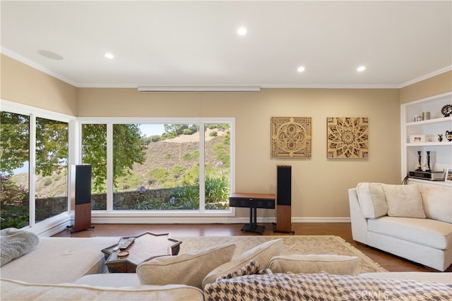 3666 Greve Dr, Rancho Palos Verdes, CA 90275 - living area with crown molding, healthy amount of natural light, recessed lighting, and wood finished floors