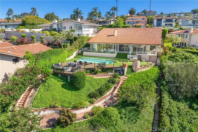 952 Via Del Monte, Palos Verdes Estates, CA 90274 - back of property with a residential view, a tiled roof, and a sunroom