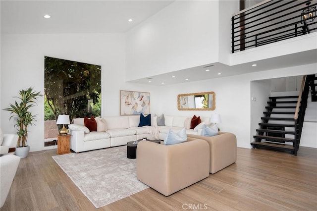 952 Via Del Monte, Palos Verdes Estates, CA 90274 - living room with stairway, wood finished floors, recessed lighting, and high vaulted ceiling