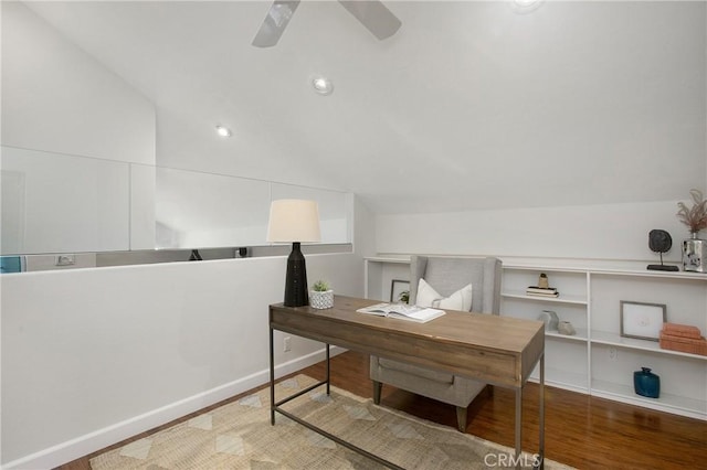 9552 Castine Dr, Huntington Beach, CA 92646 - office area featuring vaulted ceiling, wood finished floors, a ceiling fan, and recessed lighting