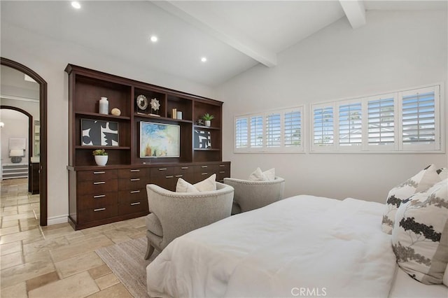 9552 Castine Dr, Huntington Beach, CA 92646 - bedroom featuring arched walkways, stone tile flooring, and recessed lighting