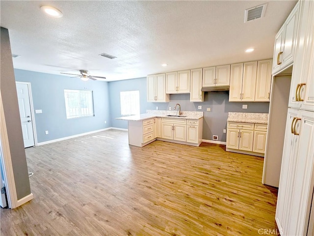 15951 M St, Mojave, CA 93501 - kitchen with light wood-type flooring, a ceiling fan, recessed lighting, a peninsula, and a textured ceiling