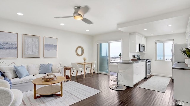 1202 N Pacific St Unit 203A, Oceanside, CA 92054 - living area with healthy amount of natural light, a ceiling fan, dark wood finished floors, and recessed lighting