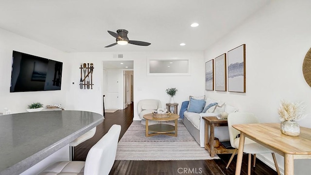1202 N Pacific St Unit 203A, Oceanside, CA 92054 - living area featuring wood finished floors, ceiling fan, and recessed lighting
