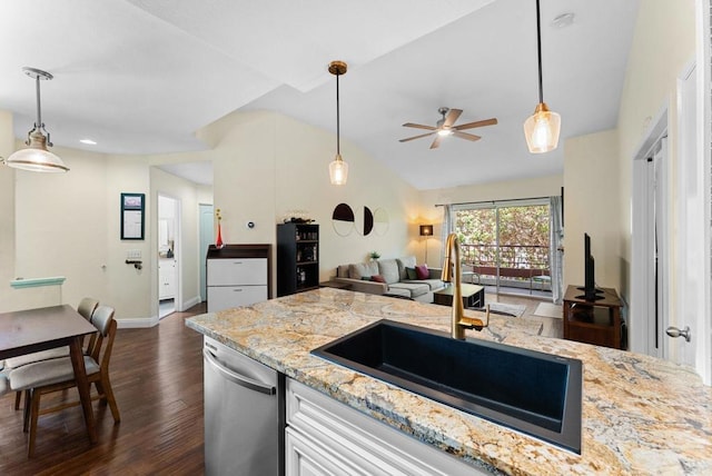 340 Isthmus Way Unit 56, Oceanside, CA 92058 - kitchen featuring stainless steel dishwasher, dark wood-style flooring, open floor plan, lofted ceiling, and ceiling fan