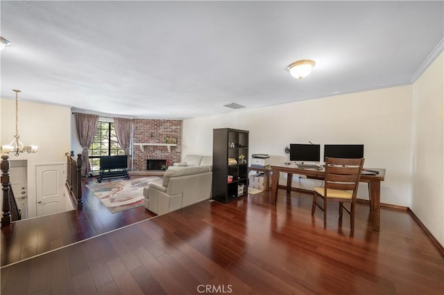 18100 Burbank Blvd Unit 11, Tarzana, CA 91356 - living room featuring an office area, wood finished floors, a chandelier, and a fireplace