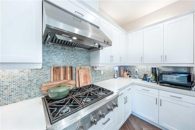 143 Interval, Irvine, CA 92618 - kitchen with under cabinet range hood, stainless steel gas stovetop, backsplash, and light countertops
