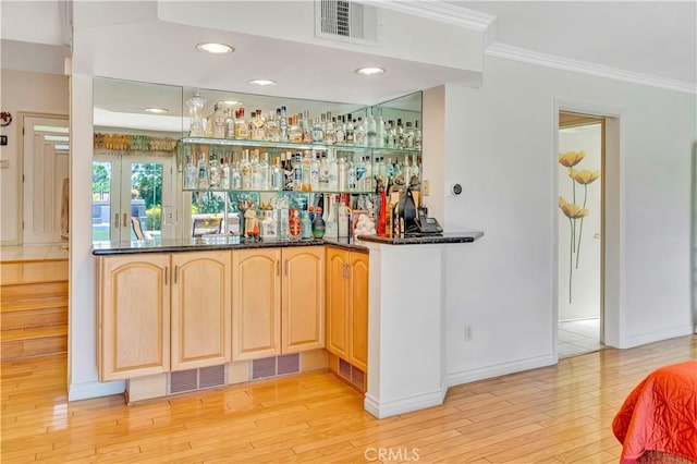 11830 Killimore Ave, Porter Ranch, CA 91326 - indoor wet bar with crown molding, light wood-style floors, and recessed lighting