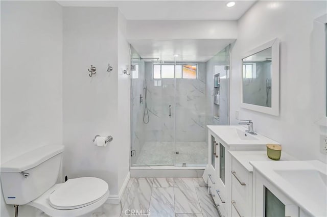 11830 Killimore Ave, Porter Ranch, CA 91326 - bathroom featuring marble finish flooring, vanity, a marble finish shower, and recessed lighting
