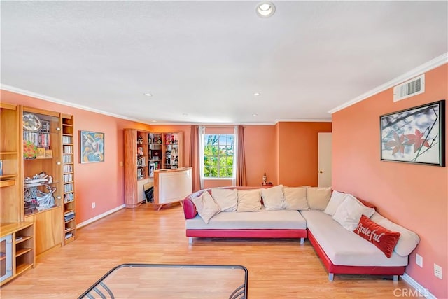 11830 Killimore Ave, Porter Ranch, CA 91326 - living room featuring crown molding, light wood-style flooring, and recessed lighting