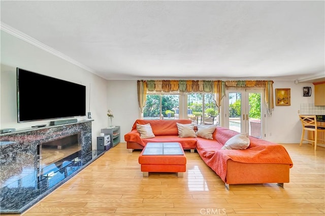 11830 Killimore Ave, Porter Ranch, CA 91326 - living room with crown molding, light wood-type flooring, healthy amount of natural light, french doors, and a premium fireplace