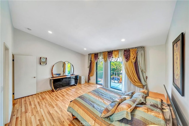 11830 Killimore Ave, Porter Ranch, CA 91326 - bedroom with access to exterior, light wood finished floors, lofted ceiling, and recessed lighting