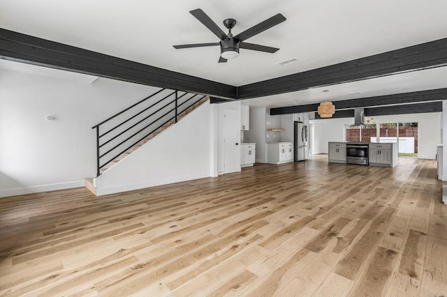 3167 Camarillo Ave, Oceanside, CA 92056 - unfurnished living room featuring light wood-style floors, beamed ceiling, ceiling fan, and stairway