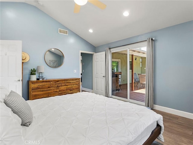 3828 2nd Ave, La Crescenta, CA 91214 - bedroom featuring access to exterior, lofted ceiling, wood finished floors, recessed lighting, and ceiling fan