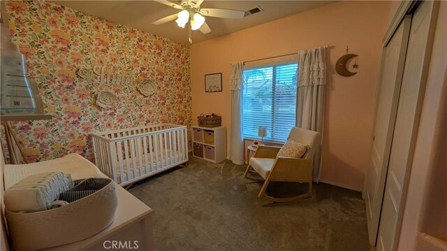 3242 Ashbury Ave, Madera, CA 93637 - bedroom featuring carpet flooring, wallpapered walls, a closet, and a ceiling fan