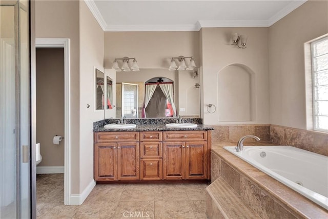15090 Olema Rd, Apple Valley, CA 92307 - bathroom featuring double vanity, a garden tub, crown molding, and tile patterned flooring