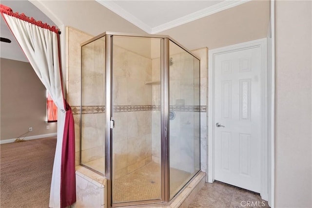 15090 Olema Rd, Apple Valley, CA 92307 - full bath with a stall shower, ornamental molding, and tile patterned flooring
