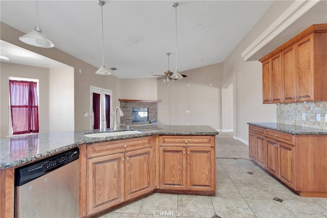 15090 Olema Rd, Apple Valley, CA 92307 - kitchen with dishwasher, tasteful backsplash, dark stone countertops, and ceiling fan