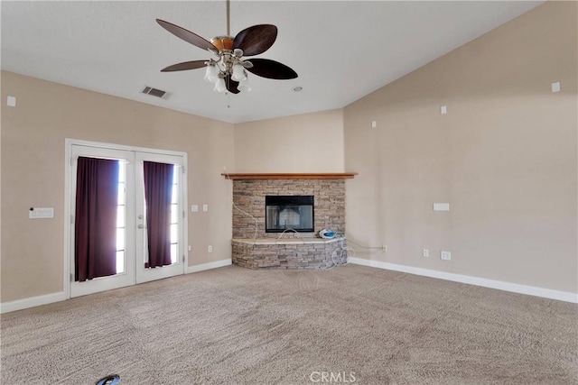 15090 Olema Rd, Apple Valley, CA 92307 - unfurnished living room with a ceiling fan, carpet flooring, and a stone fireplace