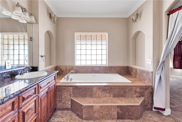 15090 Olema Rd, Apple Valley, CA 92307 - full bath with vanity, a garden tub, healthy amount of natural light, and crown molding