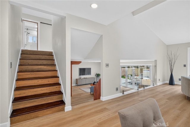 913 Lindencliff St, Torrance, CA 90502 - staircase with wood finished floors, high vaulted ceiling, and recessed lighting