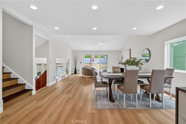 913 Lindencliff St, Torrance, CA 90502 - dining room with vaulted ceiling, light wood-style flooring, a chandelier, stairway, and recessed lighting