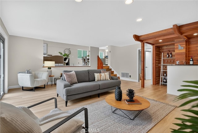 913 Lindencliff St, Torrance, CA 90502 - living room with stairs, healthy amount of natural light, light wood-type flooring, a dry bar, and recessed lighting