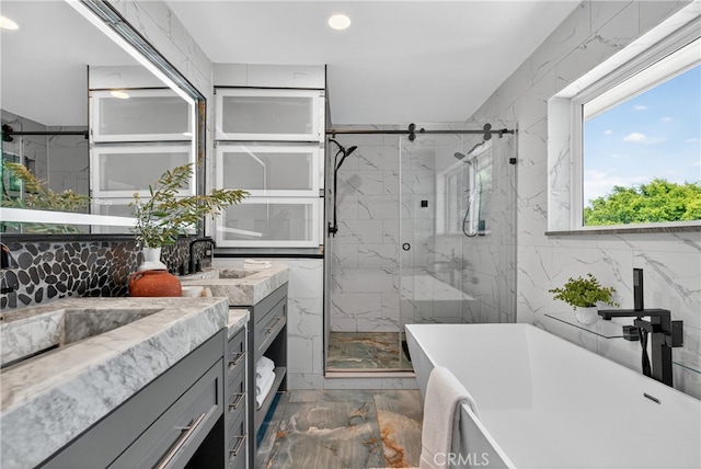 913 Lindencliff St, Torrance, CA 90502 - full bath featuring vanity, marble finish floors, a soaking tub, a marble finish shower, and recessed lighting