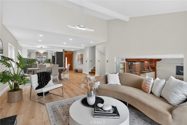 913 Lindencliff St, Torrance, CA 90502 - living room with wood finished floors, stairway, recessed lighting, and beamed ceiling