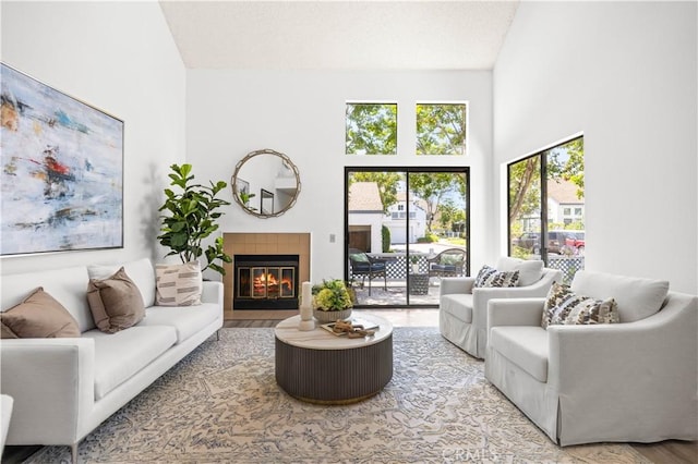 45 Briarglen Unit 64, Irvine, CA 92614 - living room featuring a fireplace, a high ceiling, and wood finished floors