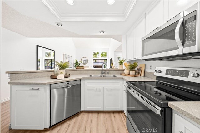 45 Briarglen Unit 64, Irvine, CA 92614 - kitchen with appliances with stainless steel finishes, a tray ceiling, a peninsula, ornamental molding, and light wood-type flooring
