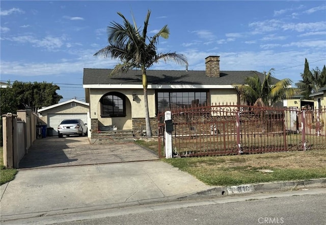 810 Oceanside St, Wilmington, CA 90744 - view of front facade featuring stucco siding, concrete driveway, a fenced front yard, and a chimney