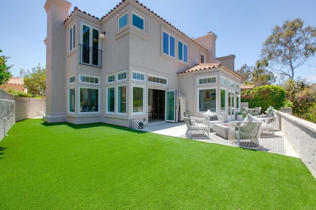 4470 Caminito Tecera, Del Mar, CA 92014 - rear view of house with a chimney, stucco siding, a patio, and an outdoor living space