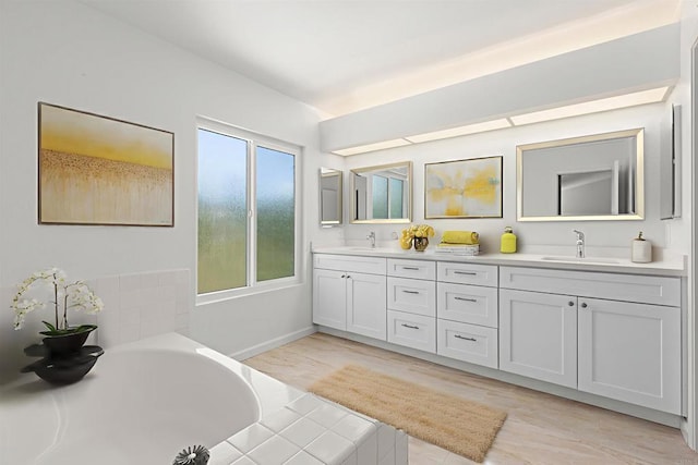 13443 Black Hills Rd, San Diego, CA 92129 - full bathroom with double vanity, tiled tub, and wood finished floors