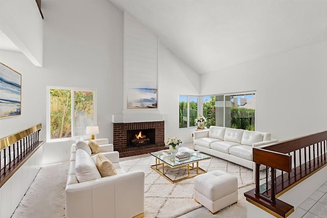 13443 Black Hills Rd, San Diego, CA 92129 - living room with high vaulted ceiling, plenty of natural light, and a brick fireplace