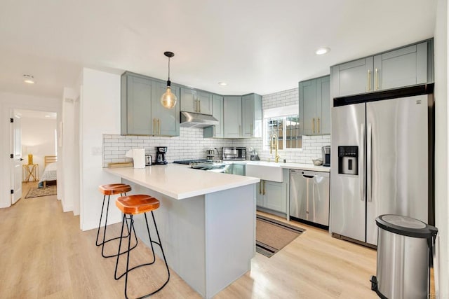 376378 Acacia Dr, Carlsbad, CA 92008 - kitchen with stainless steel appliances, under cabinet range hood, a peninsula, backsplash, and light wood-style floors