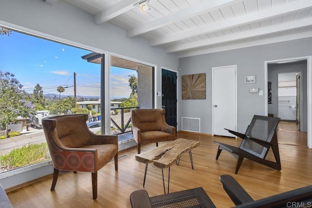 1001 Ontario St, Escondido, CA 92025 - living area with wood finished floors and a wood ceiling with exposed beams