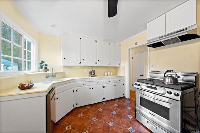 4920 Elsa Rd, San Diego, CA 92120 - kitchen featuring stainless steel appliances, under cabinet range hood, white cabinetry, ornamental molding, and tasteful backsplash