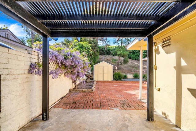 4920 Elsa Rd, San Diego, CA 92120 - view of patio featuring a shed and a pergola