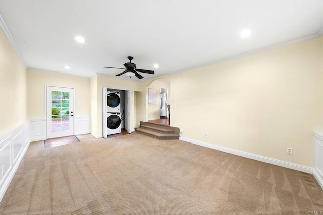 4920 Elsa Rd, San Diego, CA 92120 - unfurnished living room with stacked washing machine and dryer, ornamental molding, carpet flooring, recessed lighting, and a ceiling fan